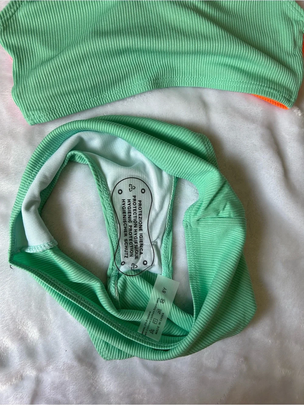 Girls Size 7-8 Two Piece Swimsuit Ribbed Colorblock Bikini Orange Pink Green